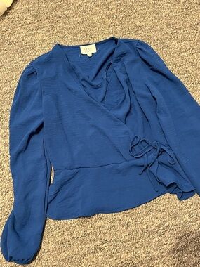 Olive & Oak Deep Royal Faux Wrap Blouse - Long Sleeve